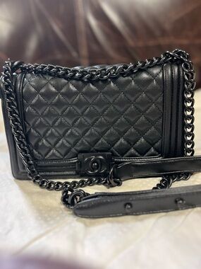 ChaneI Boy Black On Black Quilted Flap Chain Strap Signature Bag